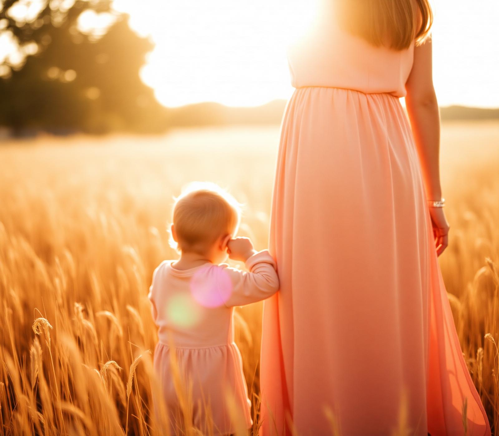 Mãe e filha caminhando juntas em um campo dourado ao entardecer